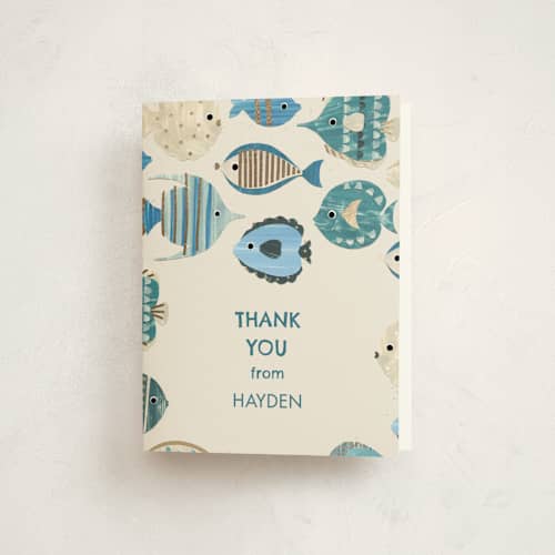 This is a sand thank you cards with foil pressed by Sarah Knight called birthday fish printing on strathmore in standard