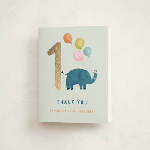 This is a mint thank you cards with foil pressed by Teju Reval called first ever birthday printing on strathmore in standard
