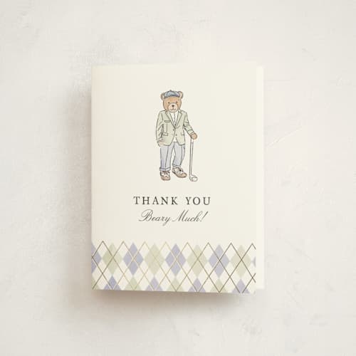 This is a sage thank you cards with foil pressed by Becky Nimoy called beary first par-tee printing on strathmore in standard