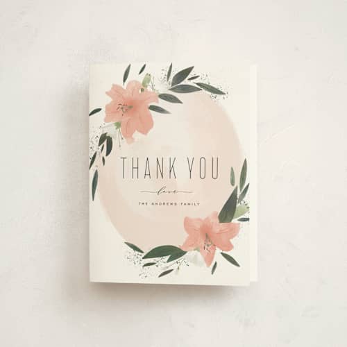 This is a blush kids thank you cards with standard by Leah Bisch called floral burst printing on strathmore in standard