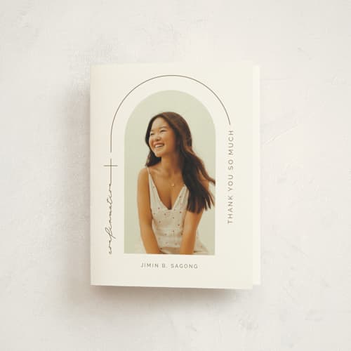 This is a sugar kids thank you cards with standard by FRANI called confirmation arch printing on strathmore in standard