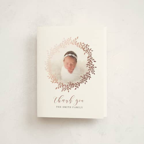 This is a onyx kids thank you cards with foil pressed by Alethia Frye called classic laurel wreath printing on strathmore in standard