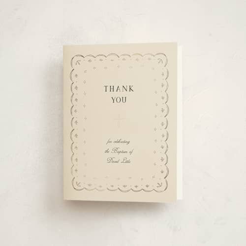 This is a vintage ivory kids thank you cards with foil pressed by Ani Somi called heirloom eyelet printing on strathmore in standard
