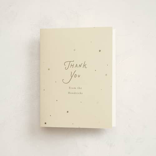 This is a cream kids thank you cards with foil pressed by Ellen Schlegelmilch called celestine printing on strathmore in standard