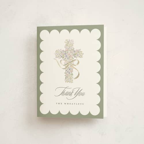 This is a sage kids thank you cards with foil pressed by Corinne Malesic called cottage garden printing on strathmore in standard