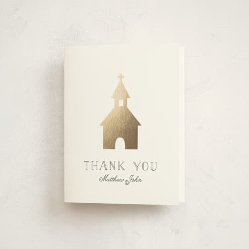 This is a golden kids thank you cards with standard by Annie Holmquist called church silhouette printing on strathmore in standard