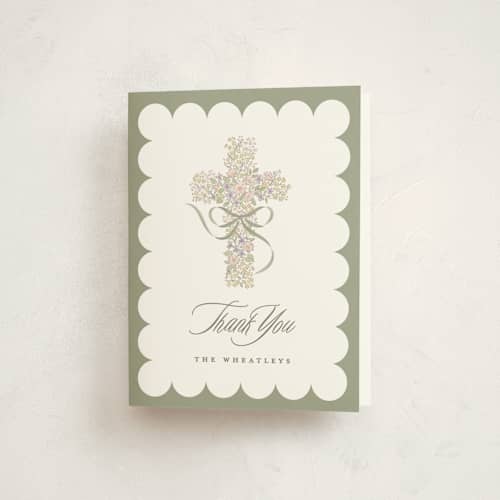 This is a sage kids thank you cards with standard by Corinne Malesic called cottage garden printing on strathmore in standard