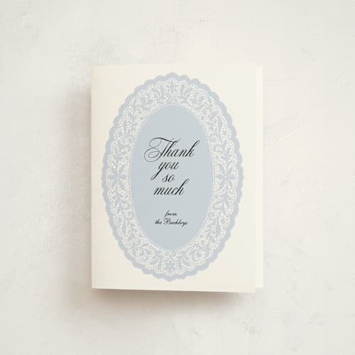 This is a powder kids thank you cards with standard by Studio Suku called lace oval printing on strathmore in standard