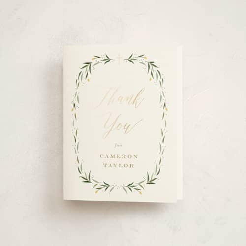This is a leaf kids thank you cards with foil pressed by Carolyn MacLaren called eucalyptus wreath printing on strathmore in standard
