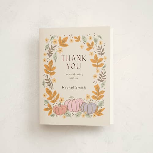 This is a pudding kids thank you cards with standard by Cass Loh called pastel pumpkins printing on strathmore in standard