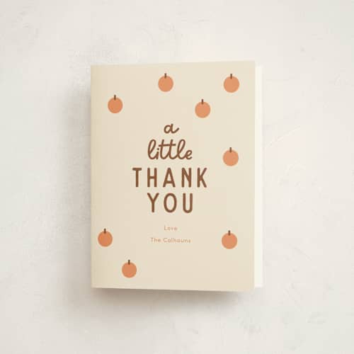 This is a pumpkin kids thank you cards with standard by Baumbirdy called a little pumpkin printing on strathmore in standard