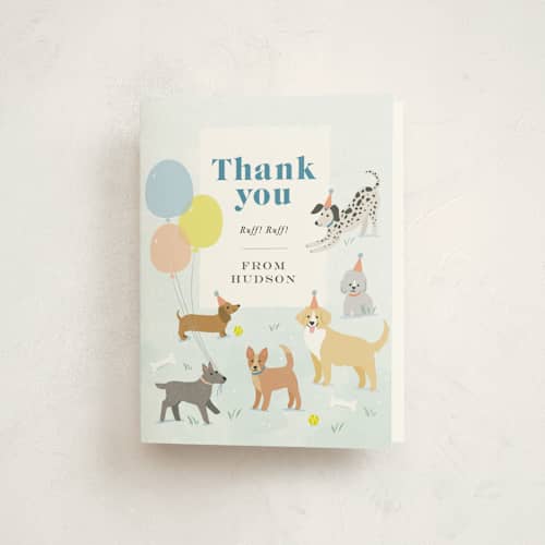 This is a sky kids thank you cards with standard by Karidy Walker called pawty time printing on strathmore in standard