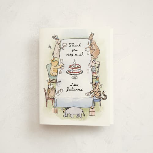 This is a mist kids thank you cards with standard by Becky Nimoy called disney's pooh and friends party table printing on strathmore in standard