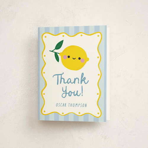 This is a blueberry kids thank you cards with standard by Jennifer Lew called lemons printing on strathmore in standard