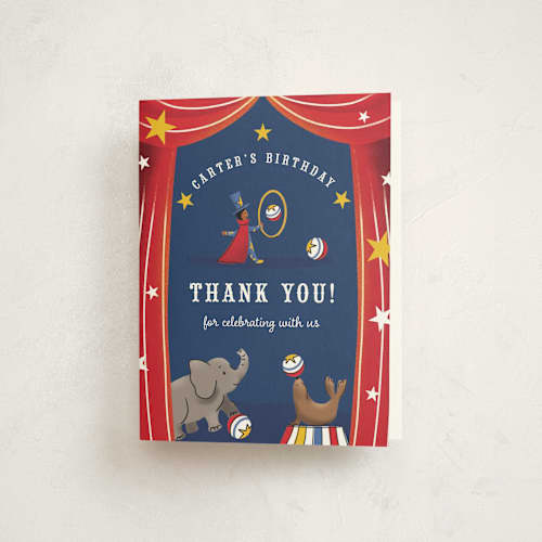 This is a scarlet kids thank you cards with standard by Becky Nimoy called circus printing on strathmore in standard