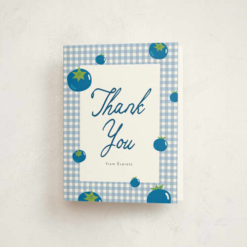 This is a blueberry kids thank you cards with standard by Sarah Hawkins Designs called berry sweet printing on strathmore in standard