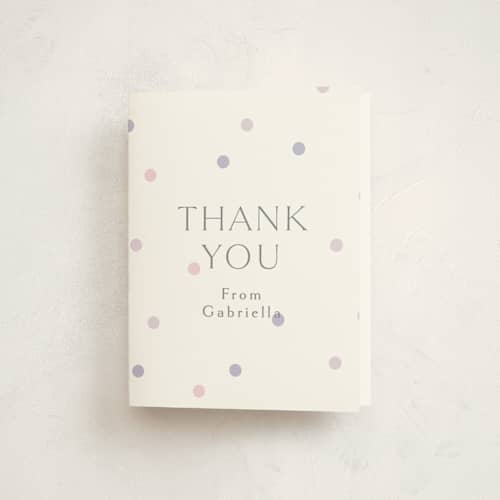 This is a mixed berry kids thank you cards with standard by Angela Thompson called sweet polka dots printing on strathmore in standard