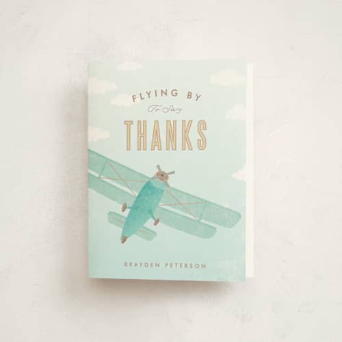 This is a teal kids thank you cards with standard by Karidy Walker called come fly with us printing on strathmore in standard