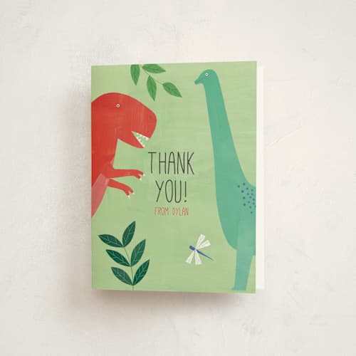 This is a forest kids thank you cards with standard by melanie mikecz called let's roar dinosaur printing on strathmore in standard