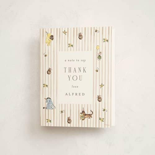 This is a honeypot kids thank you cards with standard by Sarah Knight called disney's winnie the pooh first bee-day printing on strathmore in standard