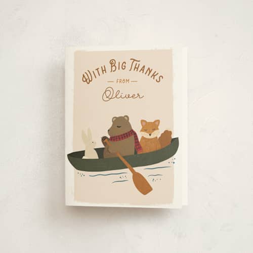 This is a forest kids thank you cards with standard by Jenna Holcomb called adventure awaits printing on strathmore in standard