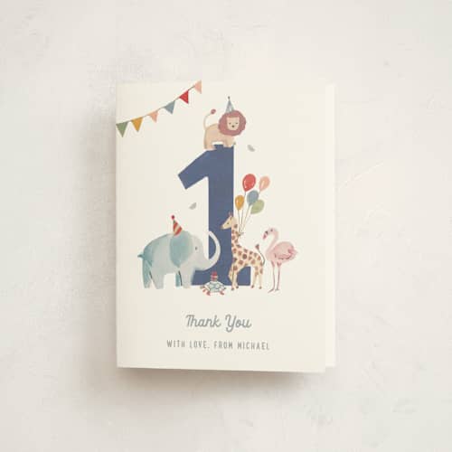 This is a cement kids thank you cards with standard by Teju Reval called wild one printing on strathmore in standard