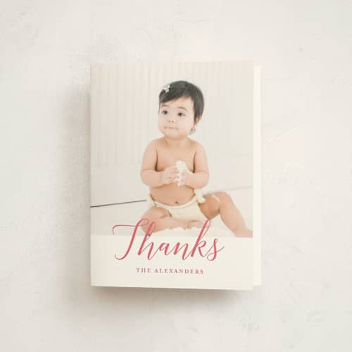 This is a blush kids thank you cards with standard by Genna Blackburn called big script printing on strathmore in standard