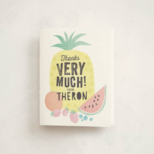 This is a pineapple kids thank you cards with standard by Karidy Walker called tutti frutti printing on strathmore in standard