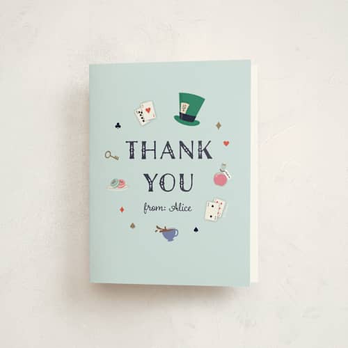 This is a sky kids thank you cards with standard by Annie Holmquist called disney's alice in wonderland birthday printing on strathmore in standard