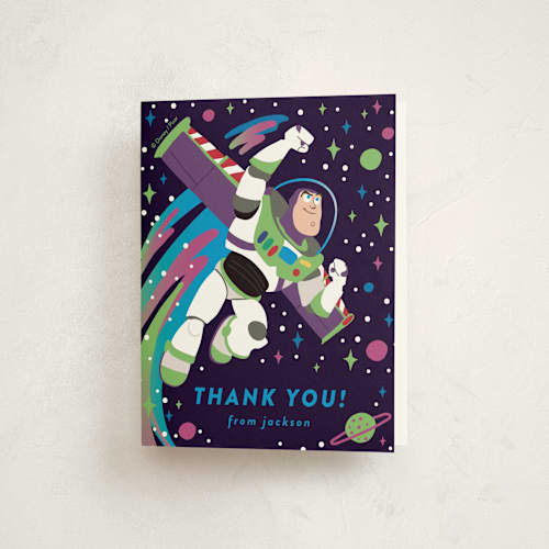 This is a night sky kids thank you cards with standard by Katie Zimpel called disney and pixar birthday buzz printing on strathmore in standard