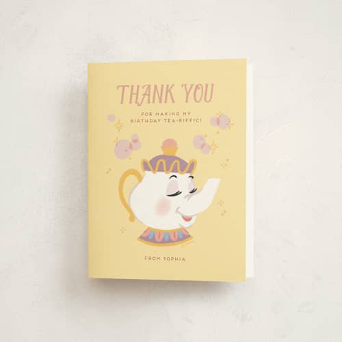 This is a lemonade kids thank you cards with standard by Rebecca Smith called disney enchanted beauty and the beast tea party printing on strathmore in standard