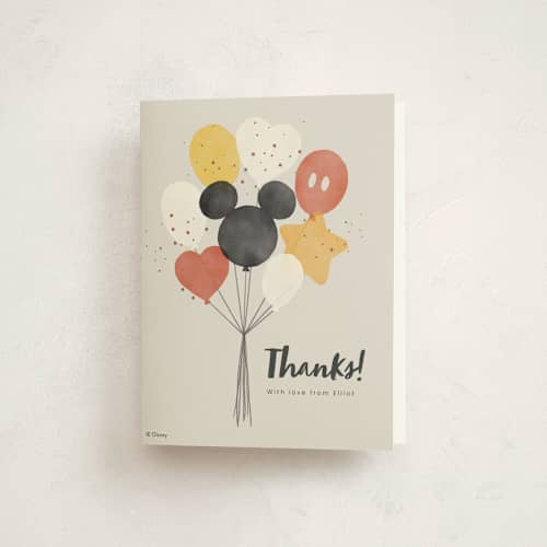 This is a cream kids thank you cards with standard by Adelyn T. called disney's mickey balloon bunch printing on strathmore in standard