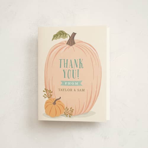 This is a leaf kids thank you cards with standard by Karidy Walker called autumn pumpkin printing on strathmore in standard