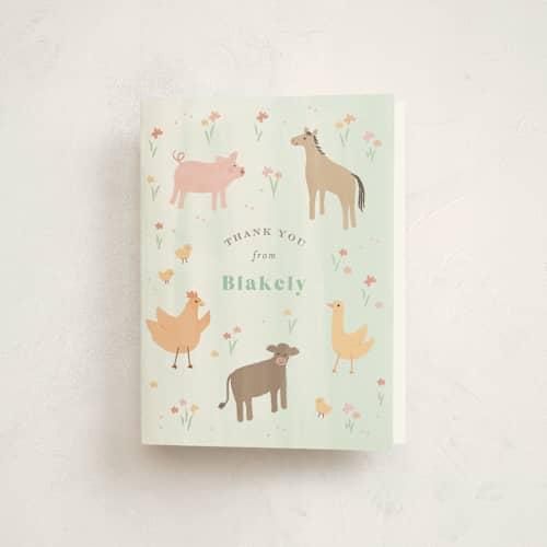 This is a mint kids thank you cards with standard by Jennifer Wick called storybook farm printing on strathmore in standard