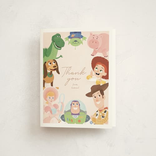 This is a taupe kids thank you cards with standard by Sabrin Deirani called disney's and pixar toy story friends printing on strathmore in standard