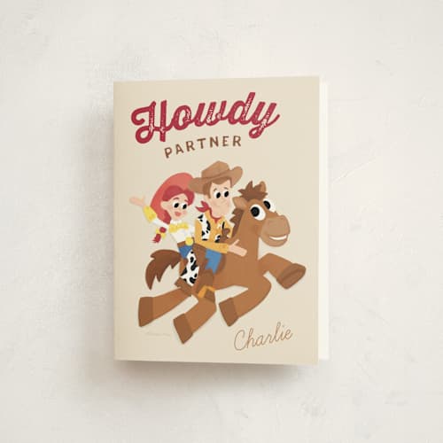 This is a vanilla kids thank you cards with standard by Jessie Steury called disney and pixar's cowboy friends printing on strathmore in standard