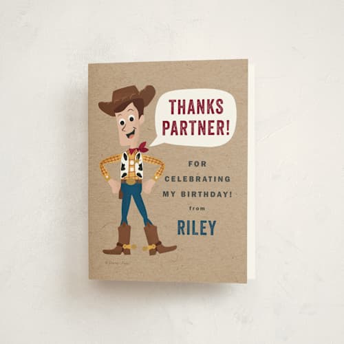 This is a rustic kids thank you cards with standard by Oma N. Ramkhelawan called disney and pixar's howdy woody printing on strathmore in standard