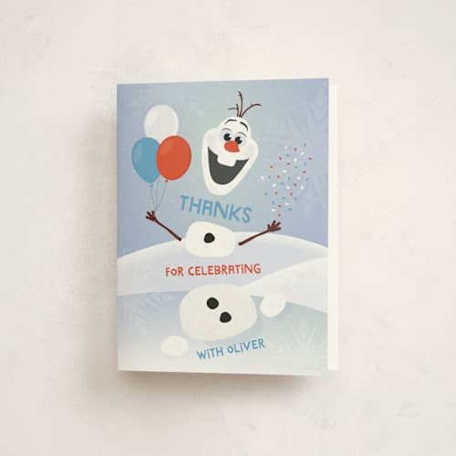 This is a periwinkle kids thank you cards with standard by Erica Krystek called disney's olaf to party printing on strathmore in standard