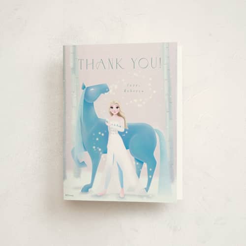 This is a dawn kids thank you cards with standard by Kim Thoa called disney's elsa and nokk magical forest printing on strathmore in standard