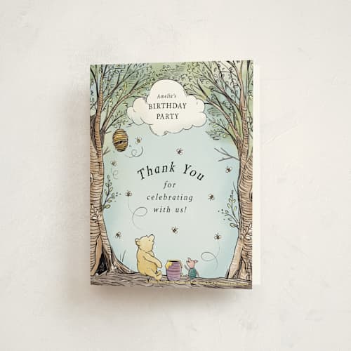 This is a sky kids thank you cards with standard by Becky Nimoy called disney's winnie the pooh in the wood printing on strathmore in standard