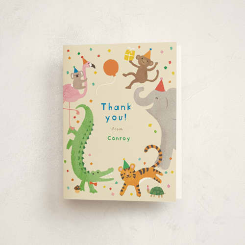 This is a sugar cookie kids thank you cards with standard by Jennifer Wick called confetti crew printing on strathmore in standard