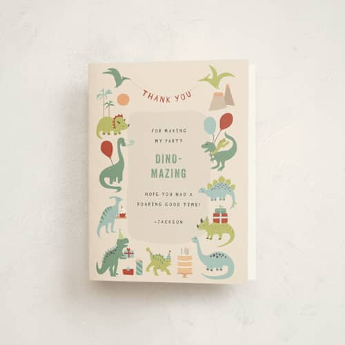 This is a sand kids thank you cards with standard by Teju Reval called dino party printing on strathmore in standard