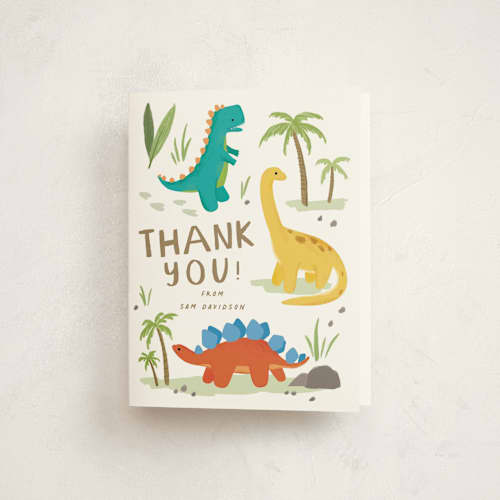 This is a marshmallow kids thank you cards with standard by Everett Paper Goods called dino zone printing on strathmore in standard