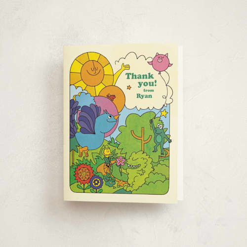 This is a summer kids thank you cards with standard by Morgan Ramberg called birthday groove printing on strathmore in standard