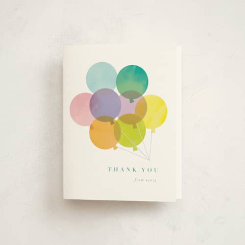 This is a teal kids thank you cards with standard by Lori Wemple called year printing on strathmore in standard