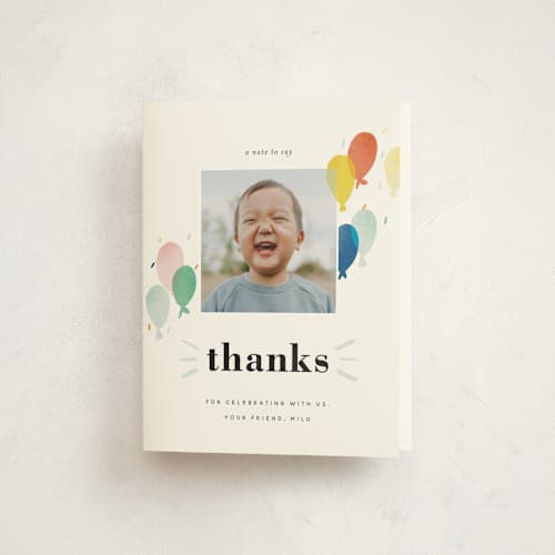 This is a sea kids thank you cards with standard by Stephanie Hawkes called balloon overlay printing on strathmore in standard