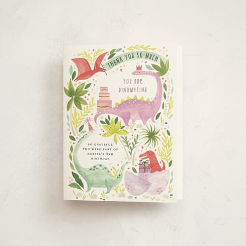 This is a forest kids thank you cards with standard by Sarah Knight called party dinos printing on strathmore in standard