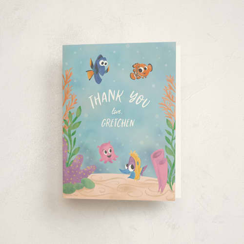 This is a aqua kids thank you cards with standard by Creo Study called disney and pixar’s finding nemo’s one-der the sea party printing on strathmore in standard