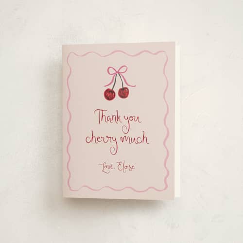 This is a blush kids thank you cards with standard by Cass Loh called vintage birthday cake printing on strathmore in standard