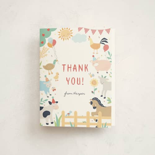 This is a barn kids thank you cards with standard by peetie design called barnyard fun printing on strathmore in standard
